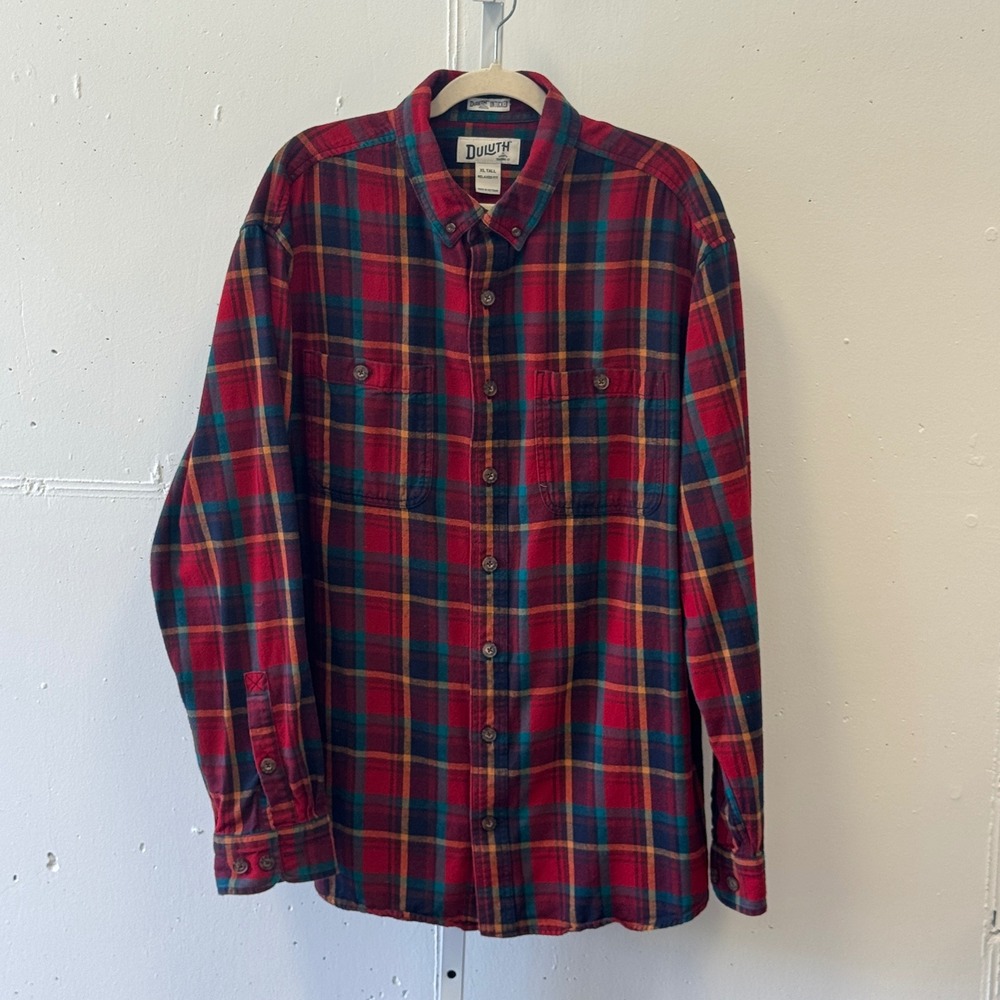 Duluth Trading Co Men's Free Swingin' Flannel Relaxed Fit Shirt XL TALL Red Blue
